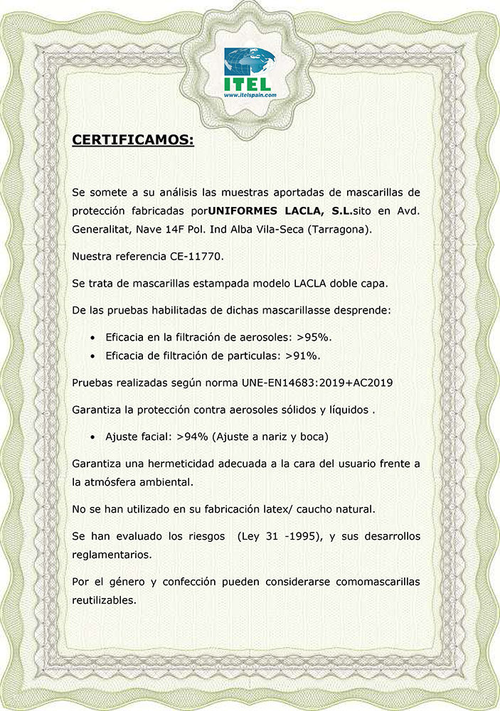 Certificado de Mascarillas Homologadas